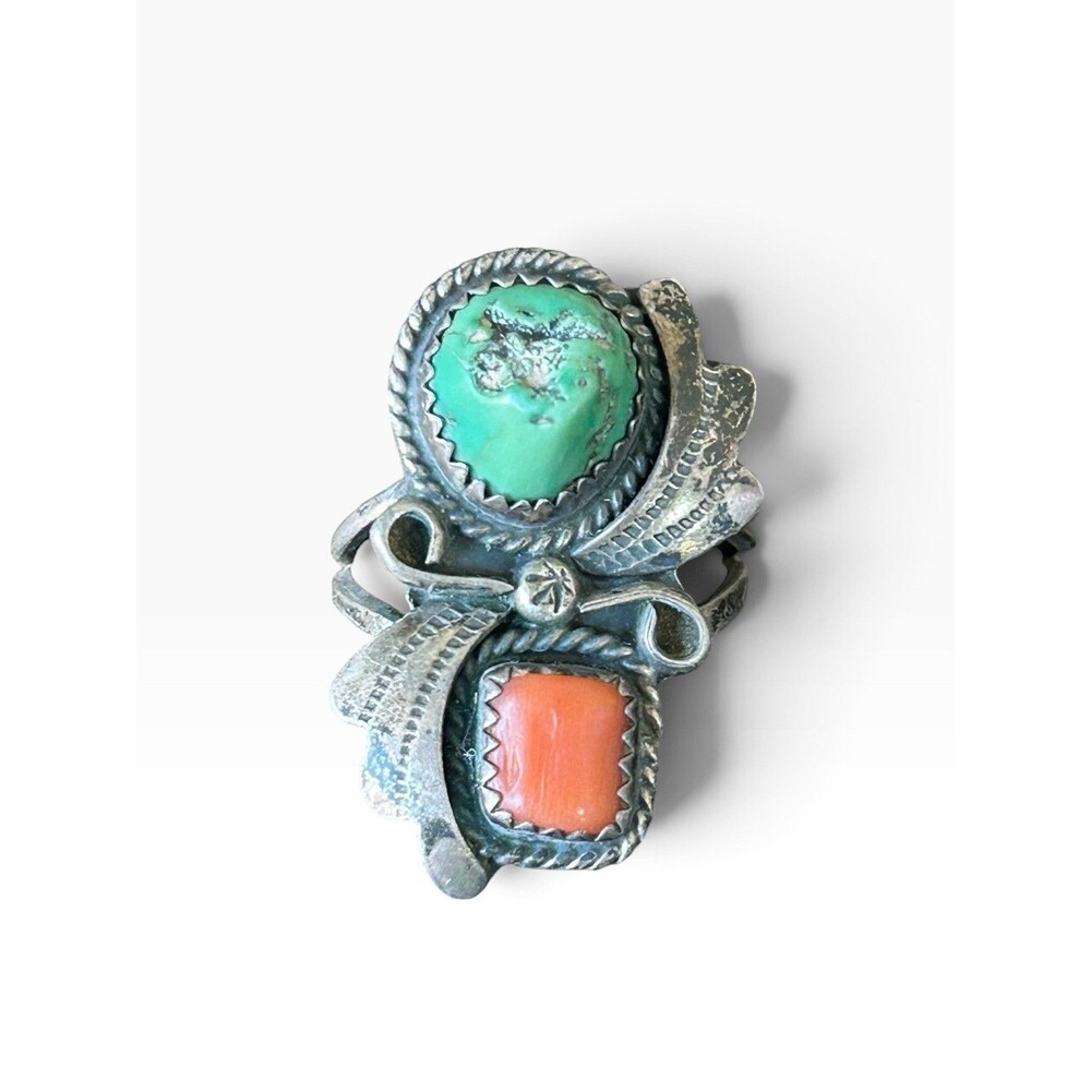 Vintage Sterling Silver Turquoise Coral Ring Southwestern Native Style Size 7.5